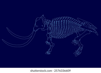 Blue image of a skeleton elephant with a long tusk. The skeleton is shown in a blue color scheme