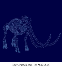 Blue image of a skeleton elephant with its tusks showing. The image is a digital rendering of a skeleton elephant, and it is a stylized representation of the animal