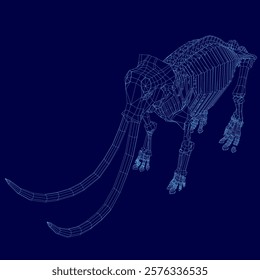 Blue image of a skeleton with a long tusk. The image is of a large animal, possibly an elephant or a mammoth, with a long tusk