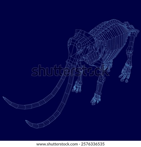 Blue image of a skeleton with a long tusk. The image is of a large animal, possibly an elephant or a mammoth, with a long tusk