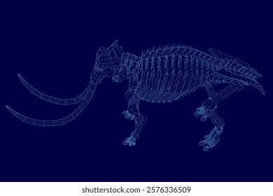 Blue image of a skeletonized dinosaur with a long tusk. The image is a digital rendering of a dinosaur, and the blue colors give it a futuristic and otherworldly feel