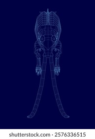 Blue image of a skeletonized dinosaur with a long tusk. The image is a digital rendering of a dinosaur, and the blue colors give it a futuristic and otherworldly feel