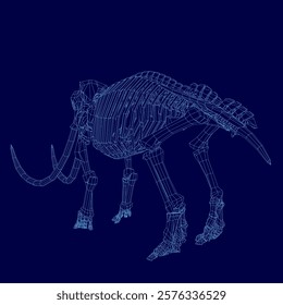 Blue image of a skeletonized elephant. The skeleton is shown in a very detailed and realistic way, with the bones clearly visible. Concept of awe and wonder at the incredible size