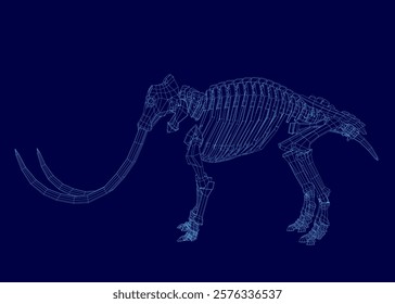 Blue image of a skeletonized elephant. The skeleton is shown in a very detailed and realistic way, with the tusks and other features of the elephant clearly visible