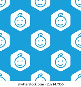 Blue image of smiling child in white hexagon, repeated on blue