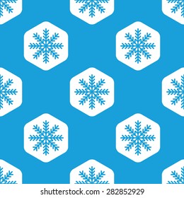 Blue image of snowflake in white hexagon, repeated on blue