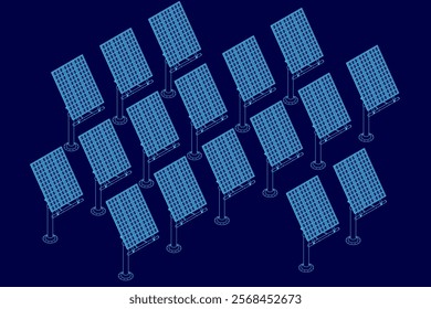 Blue image of solar panels. The image is a computer generated drawing of a solar panel field