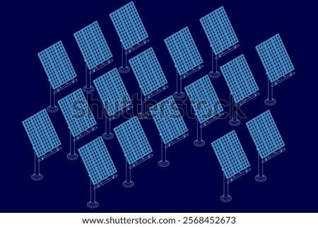 Blue image of solar panels. The image is a computer generated drawing of a solar panel field