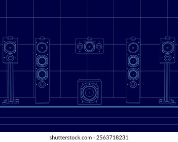 Blue image of a speaker system. The speakers are arranged in a row, with the left speaker being the smallest and the right speaker being the largest. Concept of sophistication and elegance