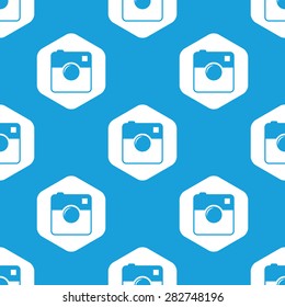 Blue image of square camera in white hexagon, repeated on blue