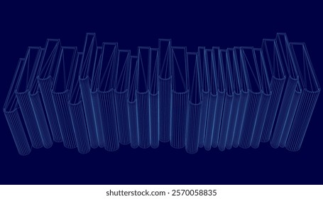 Blue image of a stack of books. The books are stacked in a row and are all the same size. The image has a very organized and orderly feel to it