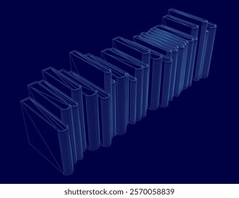 Blue image of a stack of books. The books are stacked in a row and are all the same size. The image has a very organized and orderly feel to it