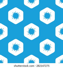Blue image of starburst in white hexagon, repeated on blue