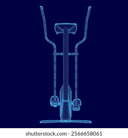 Blue image of a stationary bike with a blue frame. The bike is shown in a 3D, with the pedals and handlebars clearly visible. Concept of motion and energy