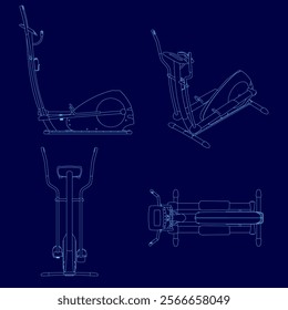 Blue image of a stationary bike with a handlebar. The bike is shown from different angles, including the front, back, and side views. The image is a close-up of the bike's design