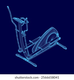 Blue image of a stationary bike. The bike is shown in a 3D, with a blue background. The bike is positioned in the foreground, with the handlebars and pedals clearly visible