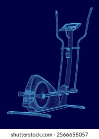 Blue image of a stationary bike. The bike is shown in a 3D, with the pedals and handlebars clearly visible. The bike is designed to be used indoors