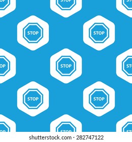 Blue image of STOP sign in white hexagon, repeated on blue