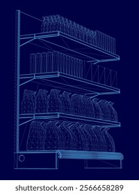 Blue image of a store shelf with many books on it. The shelf is divided into four sections, and the books are arranged in a way that makes it easy to see the different sections