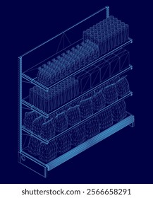 Blue image of a store shelf with many items on it. The shelf is divided into four sections, and the items are arranged in a way that makes it easy to see what is available. Isometric view