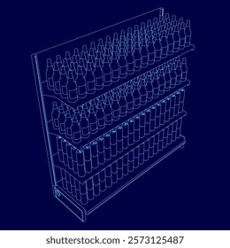 Blue image of a store shelf with many bottles of beer on it. The shelf is divided into four sections, with each section containing a different type of beer