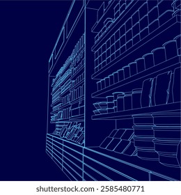 A blue image of a store with shelves full of items. The image is in blue and has a futuristic feel to it