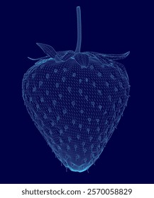 Blue image of a strawberry. The image is a close up of the fruit, with the stem and leaves visible. The blue color scheme gives the image a cool and calming mood