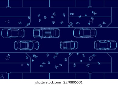 Blue image of a street with cars and people. Scene is busy and bustling