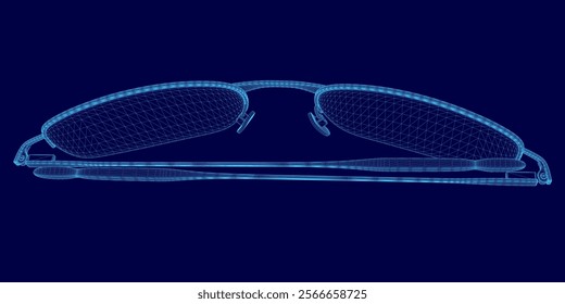 Blue image of sunglasses with a blue background. The sunglasses are shown in a 3D format, giving the impression of depth and dimension. Concept of style and sophistication