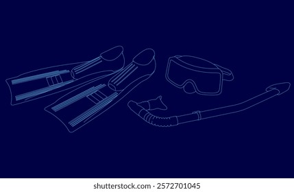 Blue image of a swimmer's gear, including goggles, flippers, and a snorkel. The image is a pixelated drawing of the gear, with each piece of equipment represented by a small dot