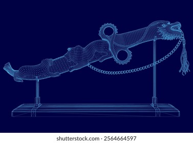 Blue image of a sword with a chain around it. The sword is on a stand and the chain is wrapped around it. The sword is described as a "scary" and "creepy" image