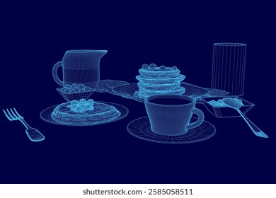 A blue image of a table with a cup, a spoon, a fork, and a pitcher. The image is a stylized representation of a breakfast scene, with the pitcher and cup placed on a plate