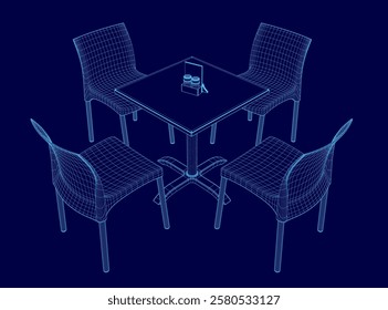 Blue image of a table with four chairs around it. The chairs are all different sizes and are arranged in a square formation. The table is empty, but there is a book on it