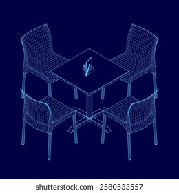 Blue image of a table with four chairs around it. The chairs are all different sizes and are arranged in a square formation. The table has a napkin on it and a cup