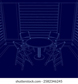 A blue image of a table with four chairs around it. The chairs are all lined up and facing the table. The table is round and has a stool in front of it