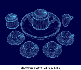 Blue image of a table with a teapot and cups. The cups are arranged in a circle around the teapot