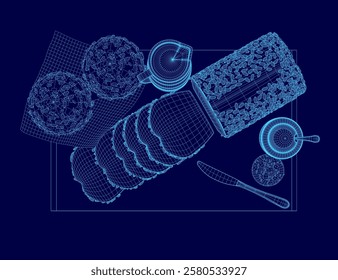 Blue image of a table with a variety of food items including bread, jam, and a knife