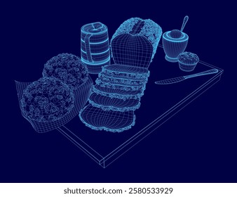 Blue image of a table with a variety of food items including bread, meat, and condiments