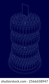 Blue image of a tall stack of bottles. The bottles are stacked on top of each other and are very tall. The image has a futuristic feel to it