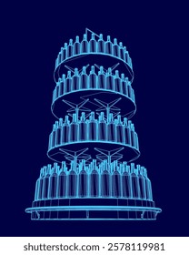 Blue image of a tall stack of wine bottles. The image is in blue and has a very stylized look. The bottles are arranged in a pyramid shape