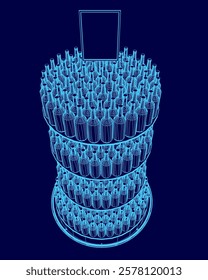 Blue image of a tall stack of wine bottles. The image is of a wine rack with many bottles on it