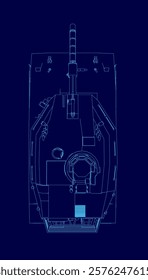 Blue image of a tank. The tank is shown in a stylized way, with a blue background and lines. The tank is shown from the side, with the front of the tank visible