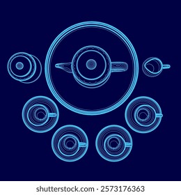 Blue image of a tea set with six cups and a teapot. The cups are arranged in a circle, with the teapot in the center. Concept of elegance and sophistication