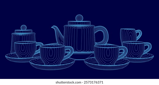 Blue image of a tea set with a teapot, cups, and saucers. The teapot is positioned in the center of the image, with cups and saucers surrounding it