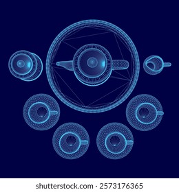 Blue image of a teapot and cups. The teapot is surrounded by six cups, all of which are blue. The image has a futuristic and abstract feel to it, with the teapot