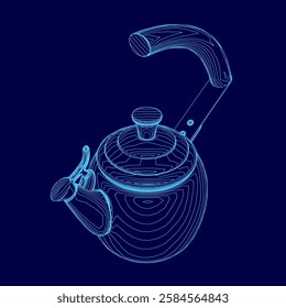 A blue image of a teapot with a handle and a lid. The teapot is shown in a 3D format, giving it a more realistic appearance