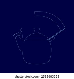 A blue image of a teapot with a handle and a spout. The teapot is shown in a blue drawing