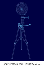 A blue image of a telescope. The image is in a 3D format and is very detailed. The telescope is on a tripod and is pointing towards the sky. Scene is one of wonder and curiosity