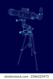 A blue image of a telescope. The image is in a 3D format and is very detailed. The telescope is on a tripod and is pointing towards the sky. Scene is one of wonder and curiosity