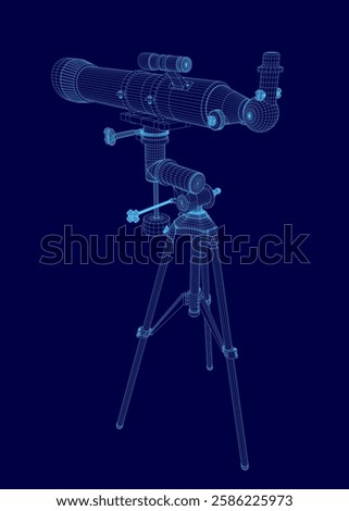 A blue image of a telescope. The image is in a 3D format and is very detailed. The telescope is on a tripod and is pointing towards the sky. Scene is one of wonder and curiosity